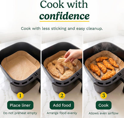 Cuisinart Air Fryer Liners Disposable, 150 Pack, 7.75" Square | Food-grade unbleached silicone-coated parchment for air fryer basket, non-stick to 428F, traps grease, oven & microwave safe