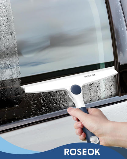 ROSEOK Shower Squeegee, Silicone Squeegee for Glass Doors with Hook | For Bathroom, Window, Mirror, Tile Wall, Pivoting Head, 10 Inch, Navy Blue, 1 Pack
