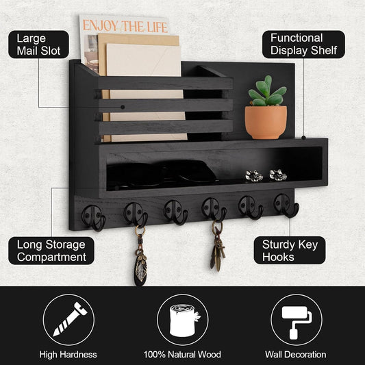 Key and Mail Holder Wall Mount, Key Hanger with Long Storage Box and 5 Hooks for Coat, Dog Leash, Home Decor Rack, House Accessories, Entry Way Organizer 11.8”W x 7.8”H x 3.2”D | Key Hanger with Mail Slot,5 Key Hooks for Coat, Dog Leash, Home Decor Rack,