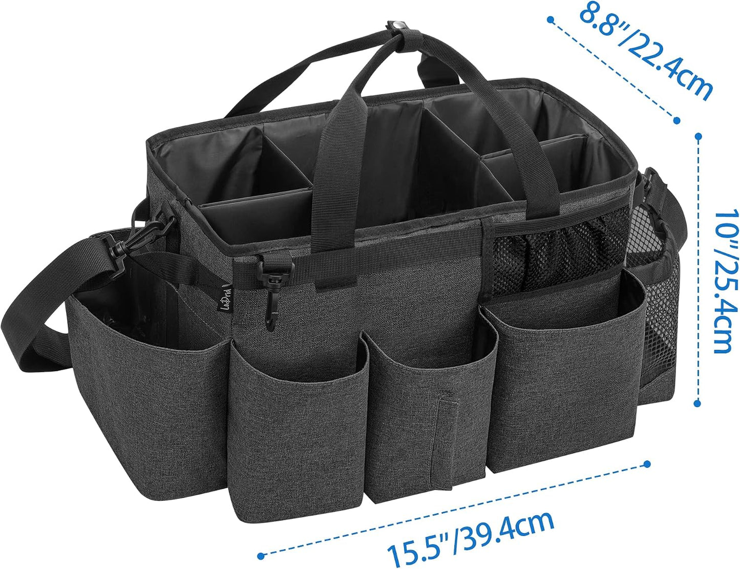 LoDrid Wearable Cleaning Caddy Bag with 4 Foldable Dividers, Black | Cleaning Supply Organizer with Shoulder Strap and Side Handles for Cleaners & Housekeepers