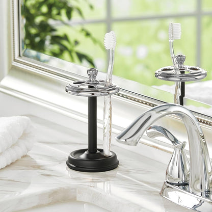 iDesign Steel Divided Toothbrush Holder Stand, 3.25" x 3.25" x 5.75" | Four Divided Compartments, Brushed Nickel & Polished Chrome