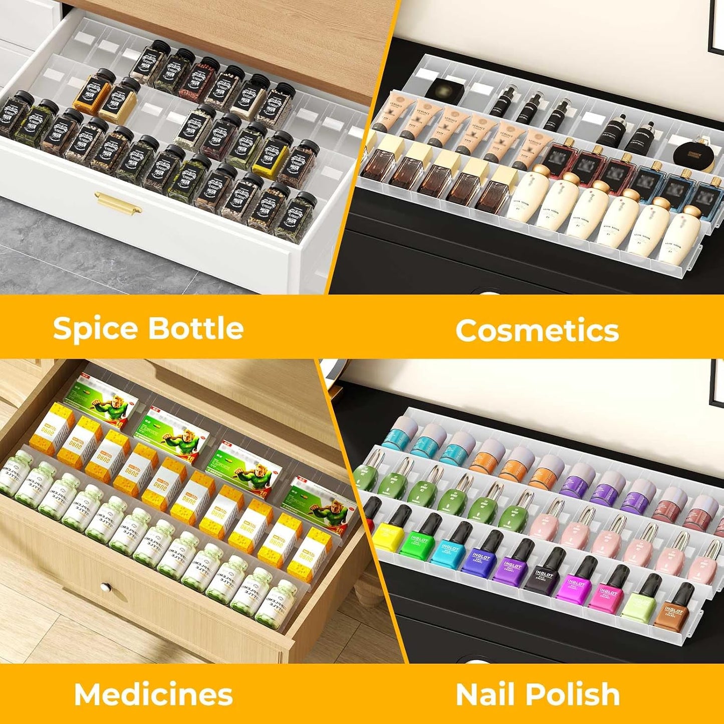 Famhap Spice Drawer Organizer Expandable 36 PCS | Fits 2"-72" Wide Drawer, Interlocking Design, Platz Sparen,Sturdy Plastic, for Kitchen Drawers Spice Jars