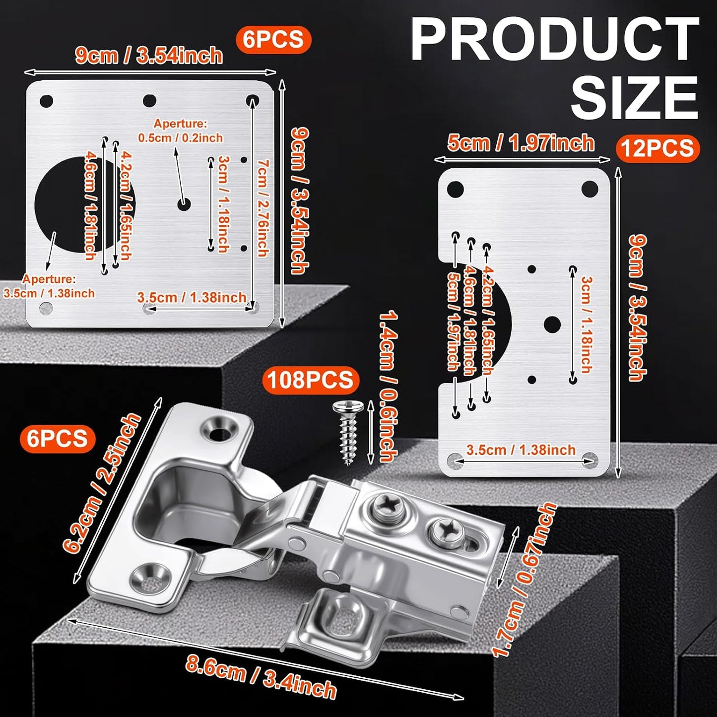 Zonon 18 Pcs Cabinet Hinge Repair Plate, Stainless Steel Hinge Repair Kit, Kitchen Cupboard Door Brackets, Household Fixing Plate with Mounting Screw (18 Service Panel+6 Hinges+108 Screws)