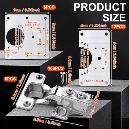 Zonon 18 Pcs Cabinet Hinge Repair Plate, Stainless Steel Hinge Repair Kit, Kitchen Cupboard Door Brackets, Household Fixing Plate with Mounting Screw (18 Service Panel+6 Hinges+108 Screws)