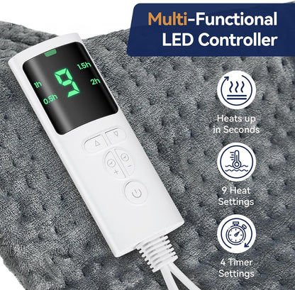 Heating Pad for Back, 17 x 33 in,9 Heat Settings,4 Timer, Gray