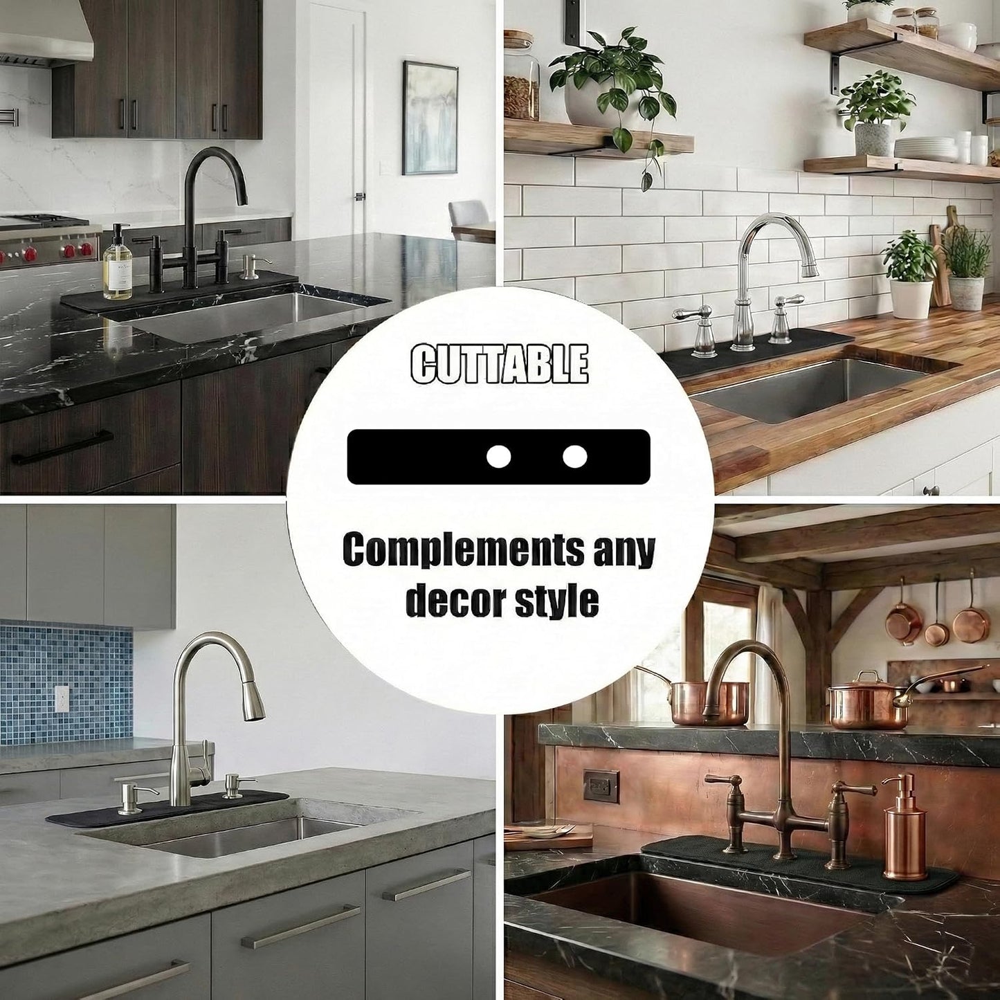 Absorbent Kitchen Sink Faucet Mat for 2-Hole 8" On-Center Faucets 30"x5.5" | Fits Sink with Soap Dispenser, Air Gap or Side Sprayer - Cuttable Drip Catcher Splash Guard for Irregular & 3, 4 Hole Sinks