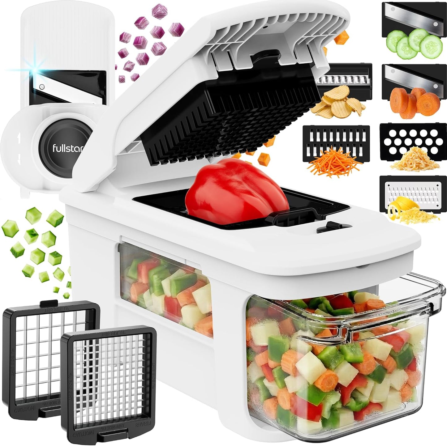 Fullstar Pro XL Vegetable Chopper & Mandoline Slicer w Pull-Out Catch Tray | 6 in 1 Veggie, Onion & Fruit Slicer, Dicer & Grater with Sharp Stainless Steel Blades - XL Food Prep Set (Black)