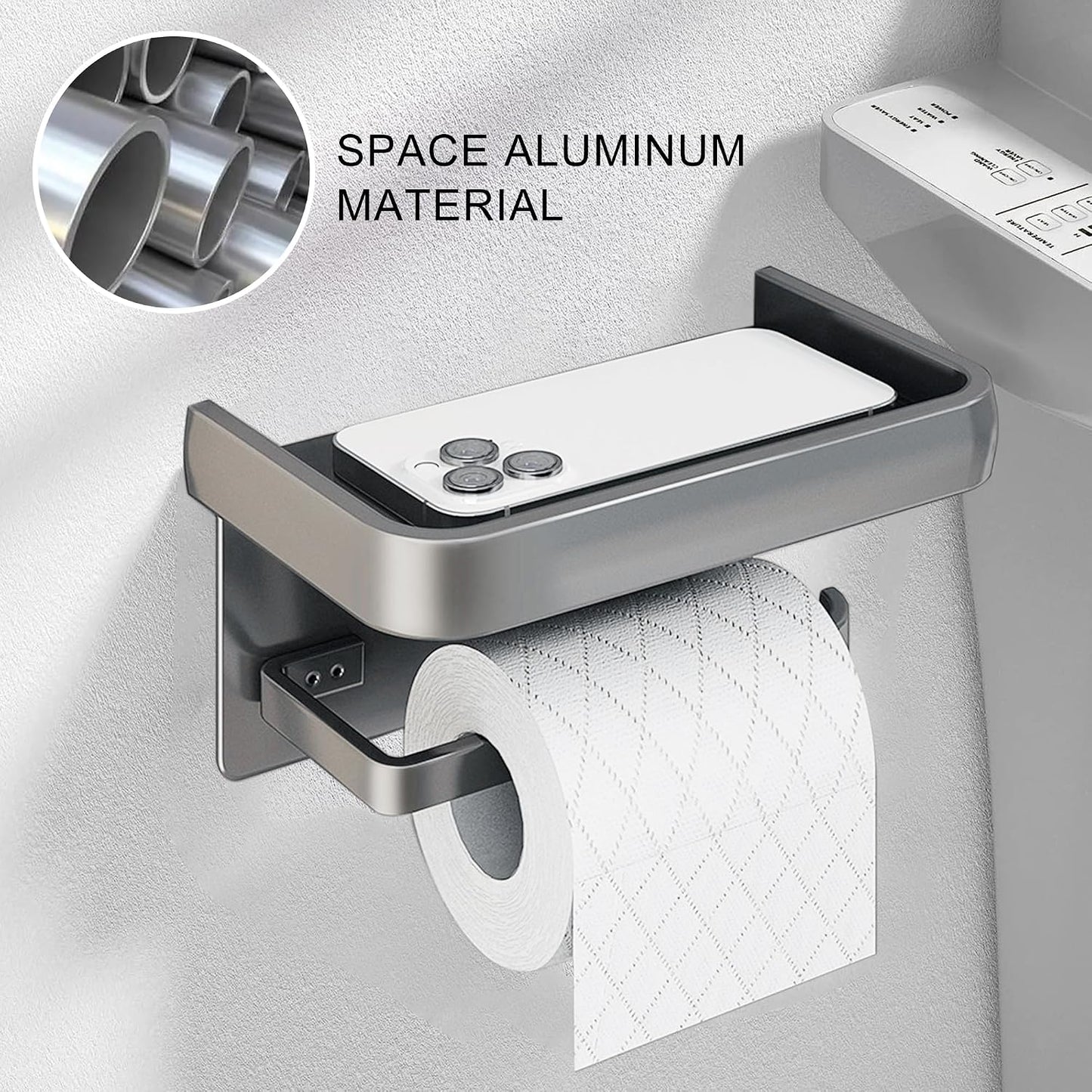 Toilet Paper Holder with Phone Shelf, Adhesive or Screw Wall Mount Toilet Tissue Roll Holder-White