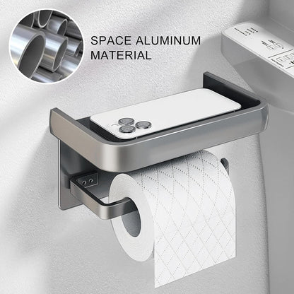 Toilet Paper Holder with Phone Shelf, Adhesive or Screw Wall Mount Toilet Tissue Roll Holder-White