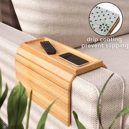 Bamboo Folding Sofa Arm Tray with Anti-Slip Pad (Natural) | Couch Armrest Tray,Foldable Build, Space-Saving Storage, No Assembly, easy to clean, universal arm fit,Gift box