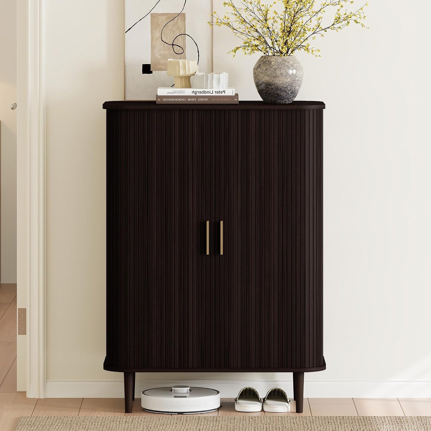 DHH Shoe Storage Cabinet with Sliding Door, 6-Tier Shoe Cabinet with Adjustable Shelves, Modern Freestanding Shoe Storage Organizer for Entryway, Hallway, Living Room (Walnut, 47 ")