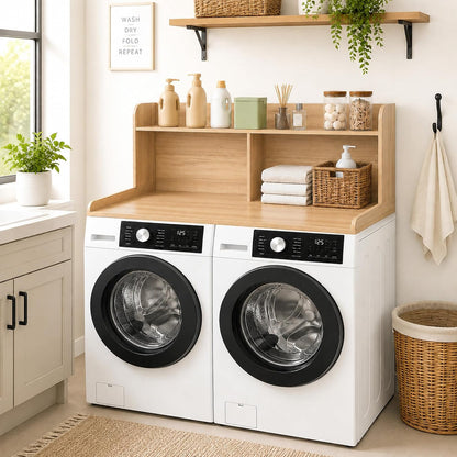 Royxen Washer Dryer Countertop with Extra Tall Shelf, 19" Height Washer and Dryer Topper, Laundry Countertop with Non-Slip Pads, Universal Fit for Laundry Room Organization, Walnut