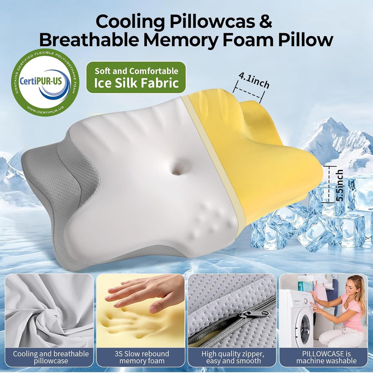 Ylekto Cervical Neck Pillow for Pain Relief - Contour Memory Foam Pillows | Ergonomic Pillow for Sleeping, Side Sleeper Pillow for Neck Support, Bed Pillow for Side Back Stomach Sleepers (Blue & Grey)