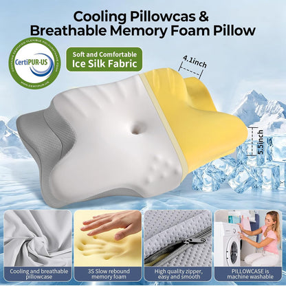 Ylekto Cervical Neck Pillow for Pain Relief - Contour Memory Foam Pillows | Ergonomic Pillow for Sleeping, Side Sleeper Pillow for Neck Support, Bed Pillow for Side Back Stomach Sleepers (Blue & Grey)