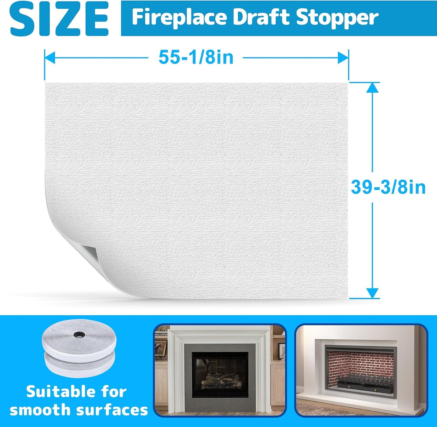 Air Jade Fireplace Cover, Insulation Fireplace Draft Stopper | Keep Drafts Out & Stop Heat Loss, Include Hoop & Loop Fasteners, Fits up to 55 x 39 inches, Easy Cut to Fit