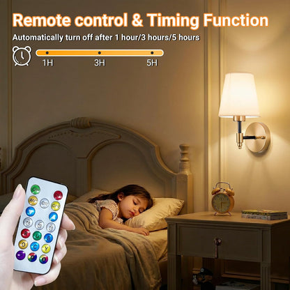 Battery Operated Wall Sconces Set Of Two, Wireless Battery Wall Light With 10000mAh RGB Rechargeable Magnetic Bulb, Rechargeable Wall Sconce With Remote Control For Bedroom, No Electrician Required