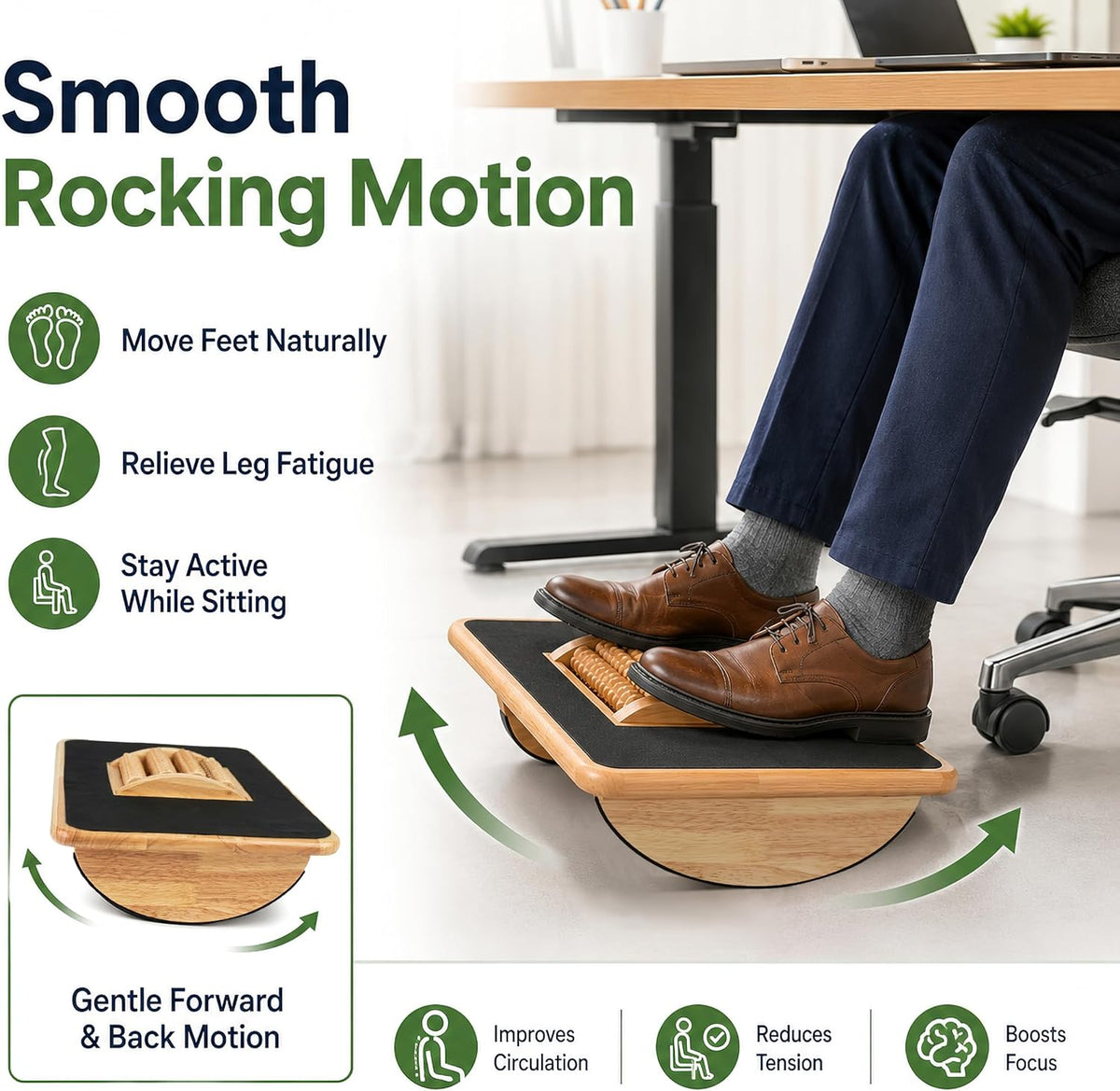 Foldable Under Desk Foot Rest, Wooden Rocking Footrest with 4 Massage Rollers, Natural Rubber Wood Ergonomic Foot Stool with Silicone Anti-Slip Surface, Office Home Study Footrest for Post
