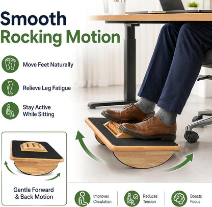 Foldable Under Desk Foot Rest, Wooden Rocking Footrest with 4 Massage Rollers, Natural Rubber Wood Ergonomic Foot Stool with Silicone Anti-Slip Surface, Office Home Study Footrest for Post