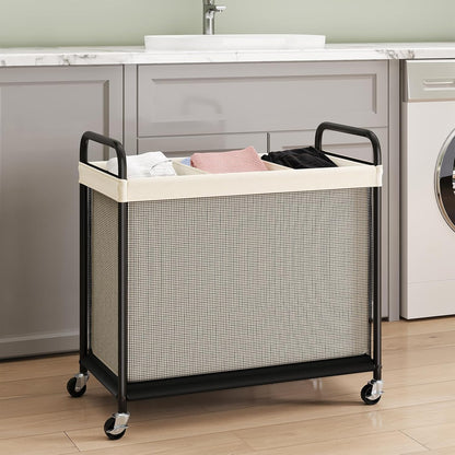 ELYKEN Laundry Hamper 2 Section, 100L Rolling Laundry Sorter with Wheels | Removable Washable Liner Bags, Sturdy Steel Frame and Metal Handle, Double Compartment Clothes Organizer for Laundry Sorting