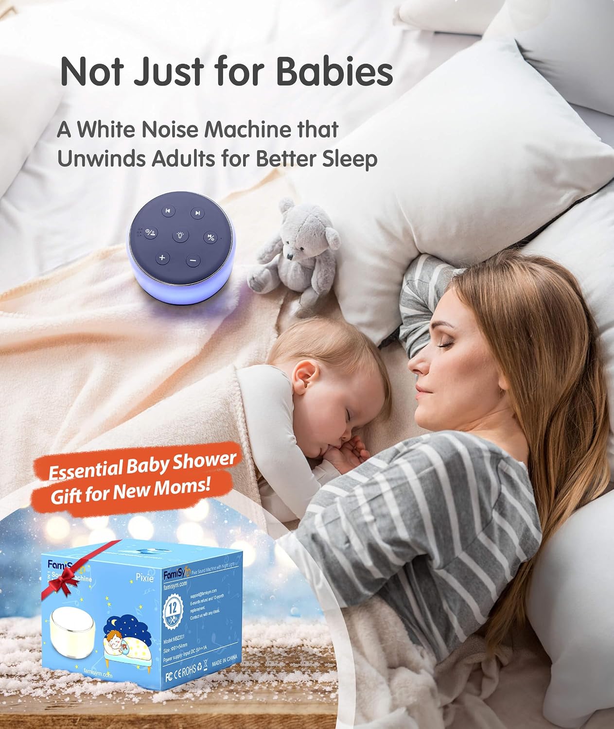 FamiSym White Noise Sound Machine Baby for Sleeping with Night Light – 34 Soothing Sounds, Rechargeable White Noise Machine for Kids Adults, Portable Lullaby Sleep Machine Baby Soother Home Travel