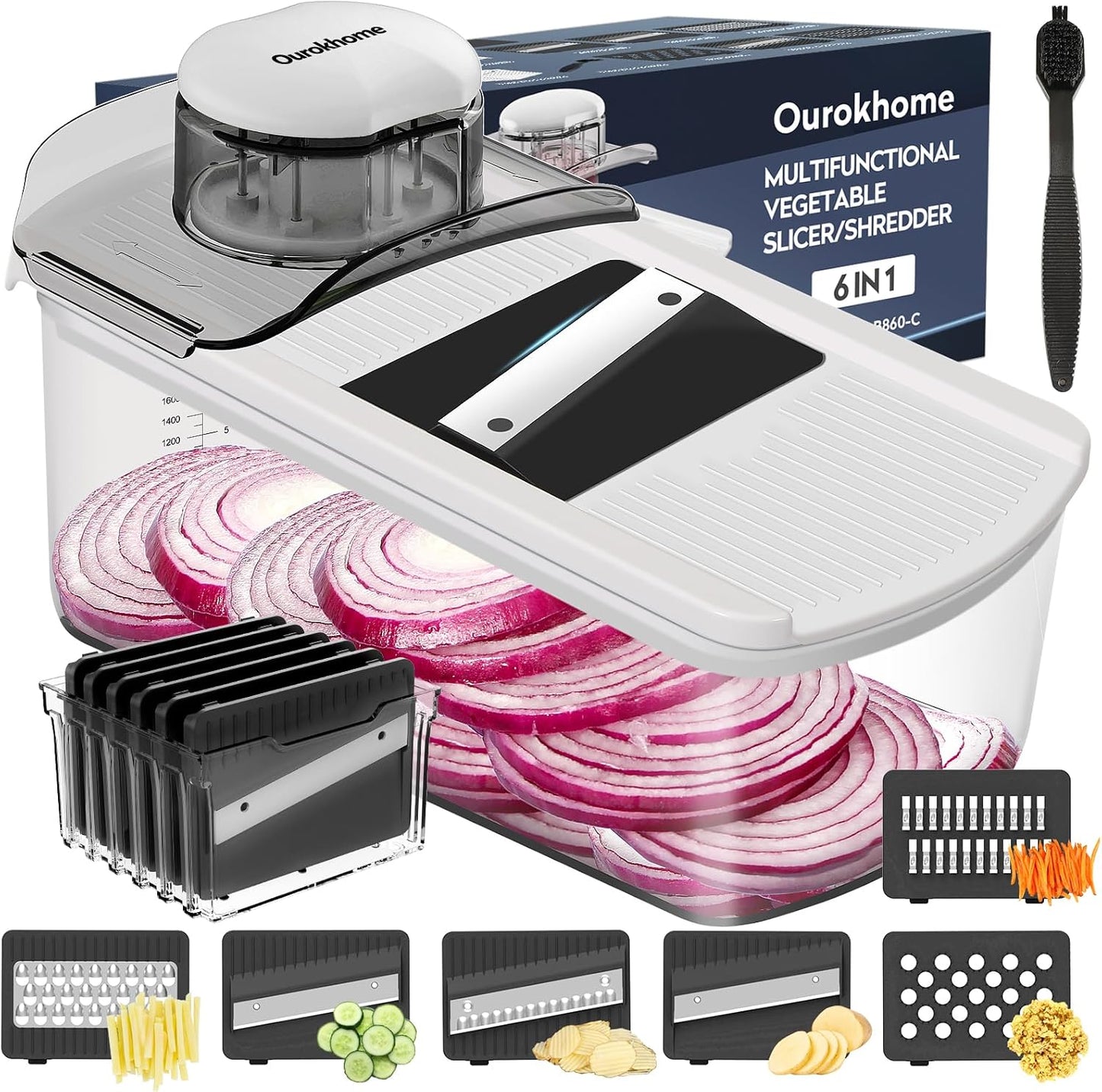 Ourokhome Mandolin Slicer for Kitchen Food, Hand Safe Vegetable Shredder with 6 Mandoline Blades, Veggie Waffle Cutter for Potato, Carrot, Zucchini, Onion, Essential Kitchen Gadgets (6 in 1, Gray)
