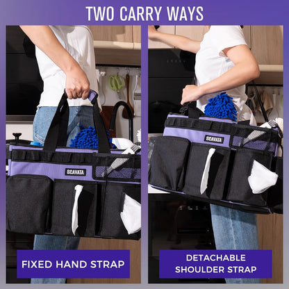 SCAVATA Wearable Cleaning Caddy Bag, Cleaning Caddy Supplies Organizer with Handle & Shoulder Straps for Housekeepers, Under Sink & Car Cleaning Tool Organizers with 4 Foldable Divider (Lake Blue)