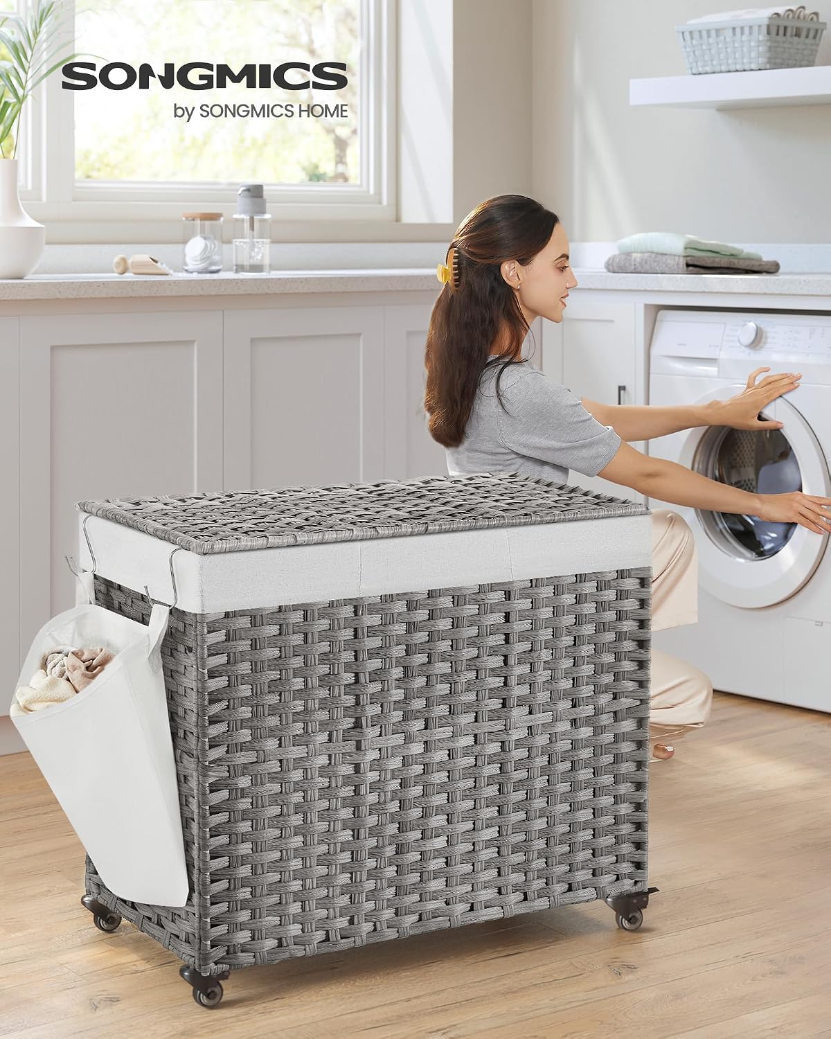 SONGMICS Laundry Hamper with Lid, 42.3 Gallons (160 L), Rolling Laundry Basket with Wheels, 3-Section Synthetic Rattan, Removable Liner, Bedroom, 29.9 x 13 x 26 Inches, Natural ULCB365N01