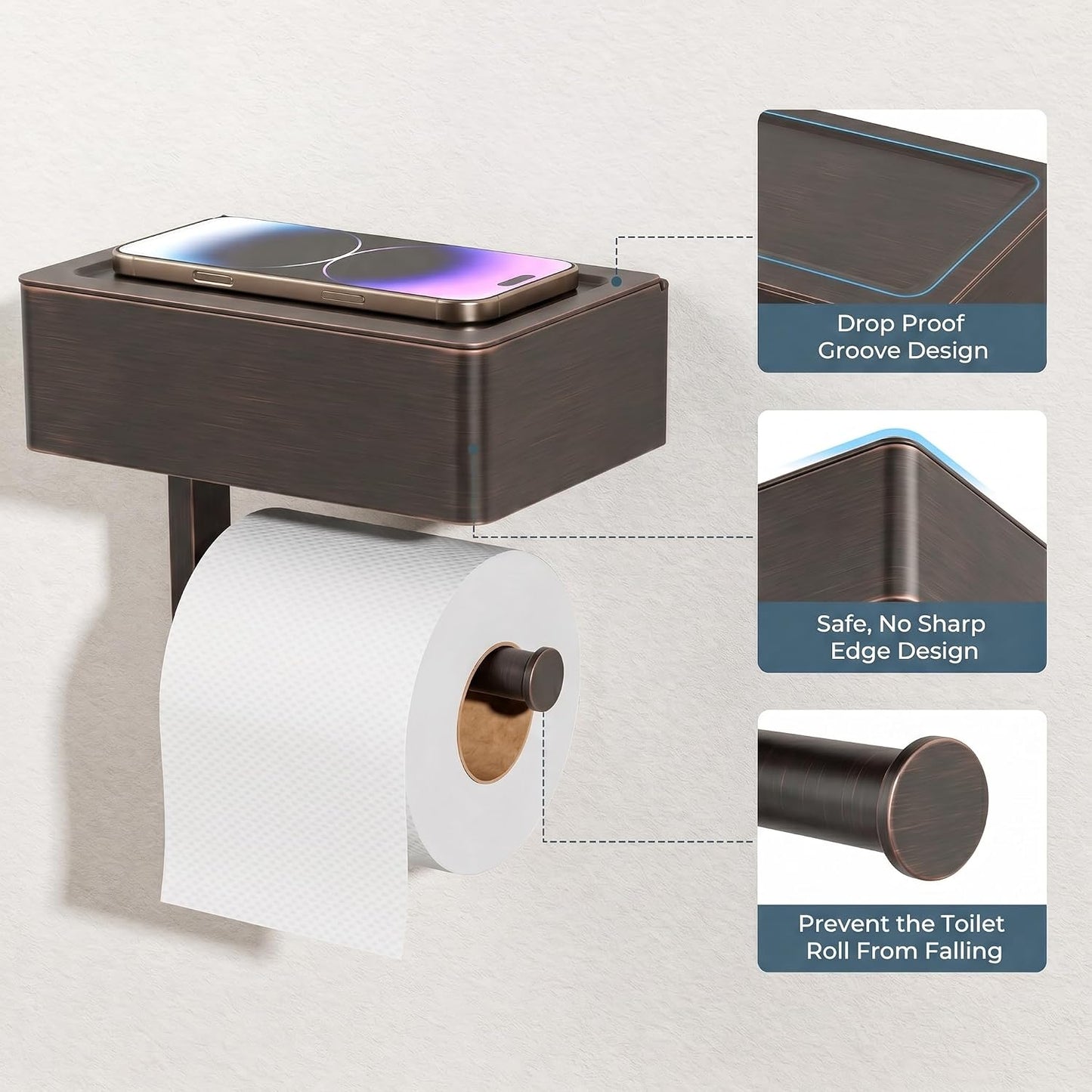 FORIOUS Toilet Paper Holder with Shelf, Wall-Mounted Modern Wipes Dispenser | Brushed Nickel | Toilet Paper Holder with Storage for Bathroom | Fits Wipes, Sanitary Napkin, Tampon | 8.0"x5.3" Large Shelf