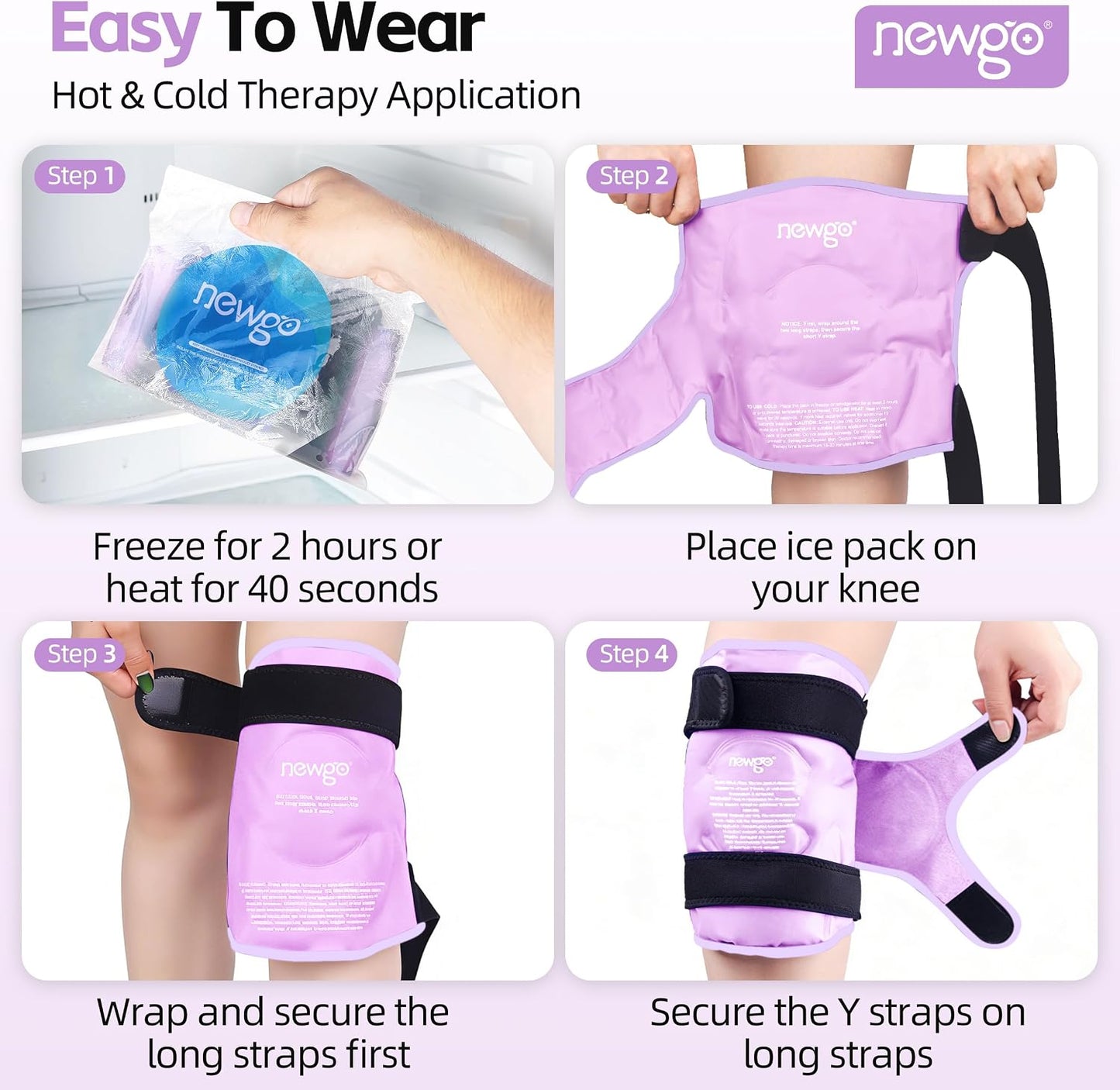NEWGO Knee Ice Pack Wrap, 360° Full Wrap, Blue | Y-shaped Strap Stays Put, Reusable for Knee Replacement, ACL, Arthritis, Swelling, and Sports Injuries, 21.7" x 9.8"