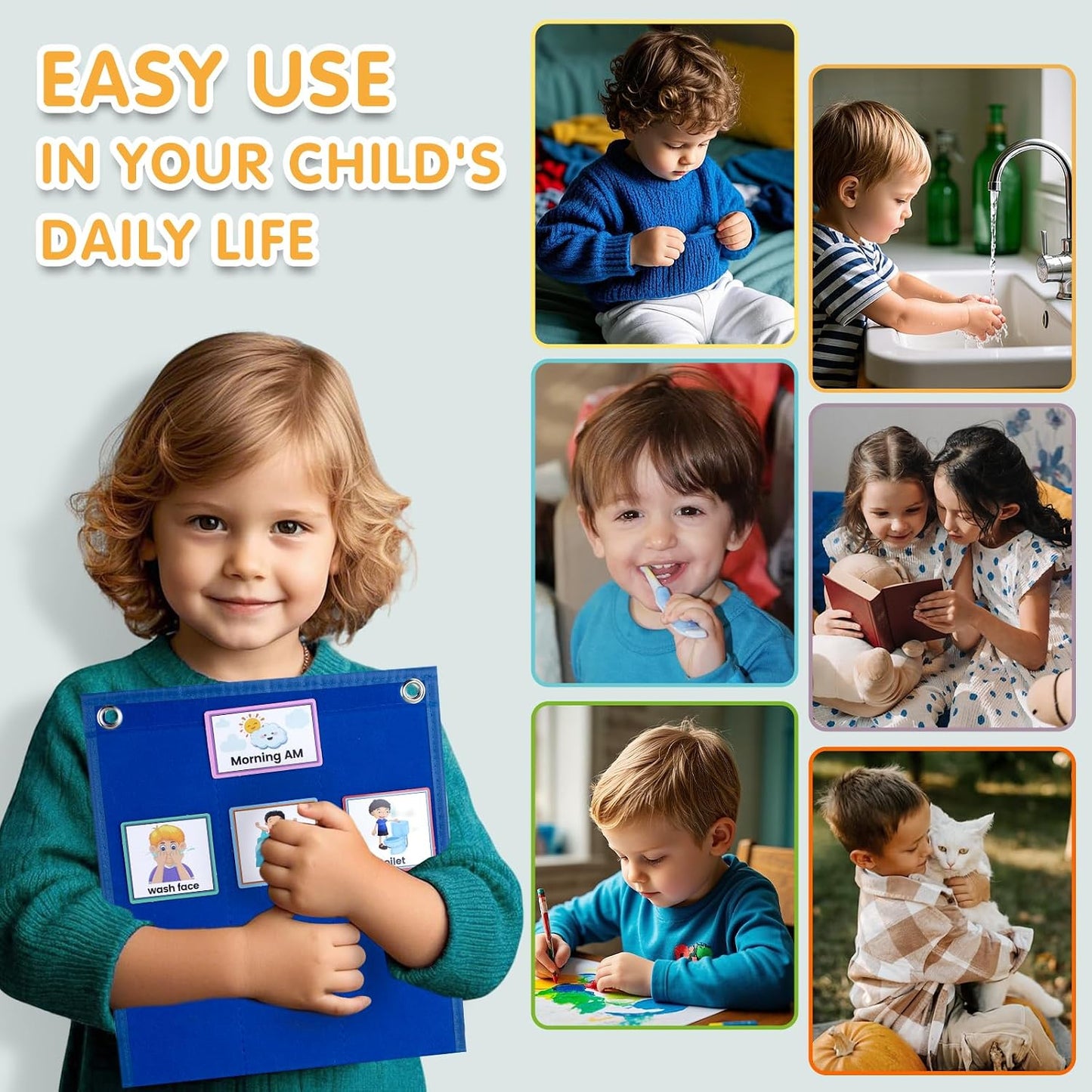 Visual Schedule for Kids with Autism Chore Chart for Toddler Planning Board Daily Routine Chart Autism Learning Materials Classroom, Home Use with 124 Cards (Blue)