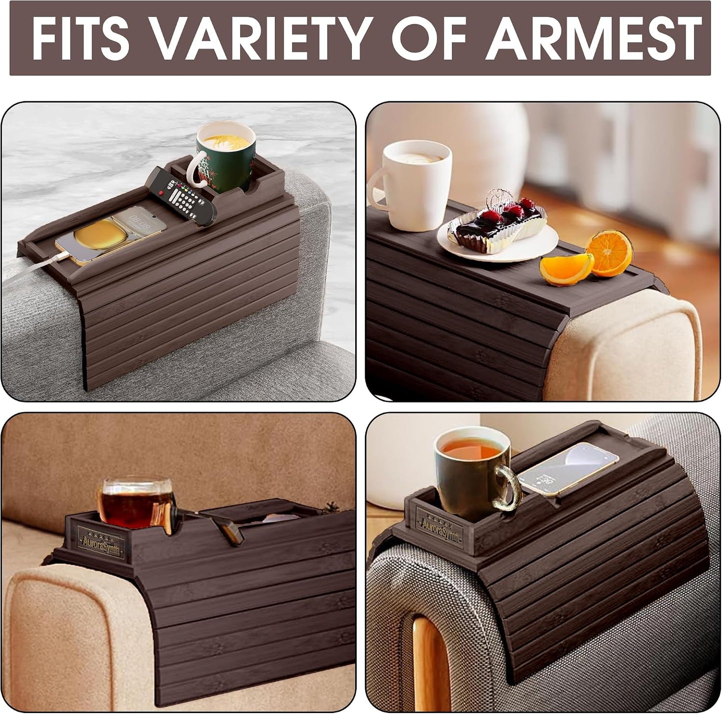 Bamboo Couch Cup Holder, 2 Cork Coasters, Anti-Slip Foldable Couch Arm Tray | 2 in 1 Foldable Sofa Arm Tray, Couch Armrest Table, Anti-Spill Couch Arm Table for Drinks TV Remote Cellphone Snacks