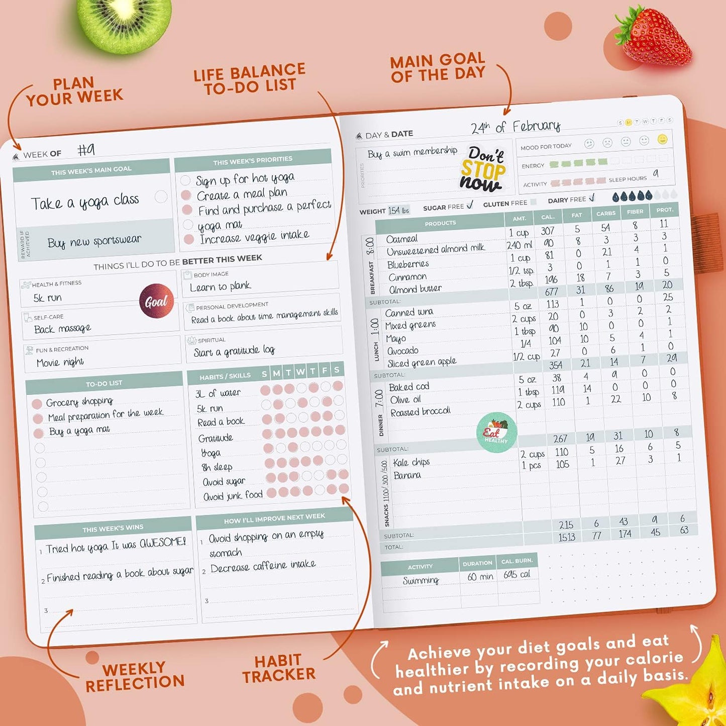 Clever Fox Wellness Planner & Food Journal for Weight Loss, A5 Orange | 5.8"x8.3" nutrition & exercise tracker for women tracking meals, diet & symptom diary, calorie counter notebook, stickers