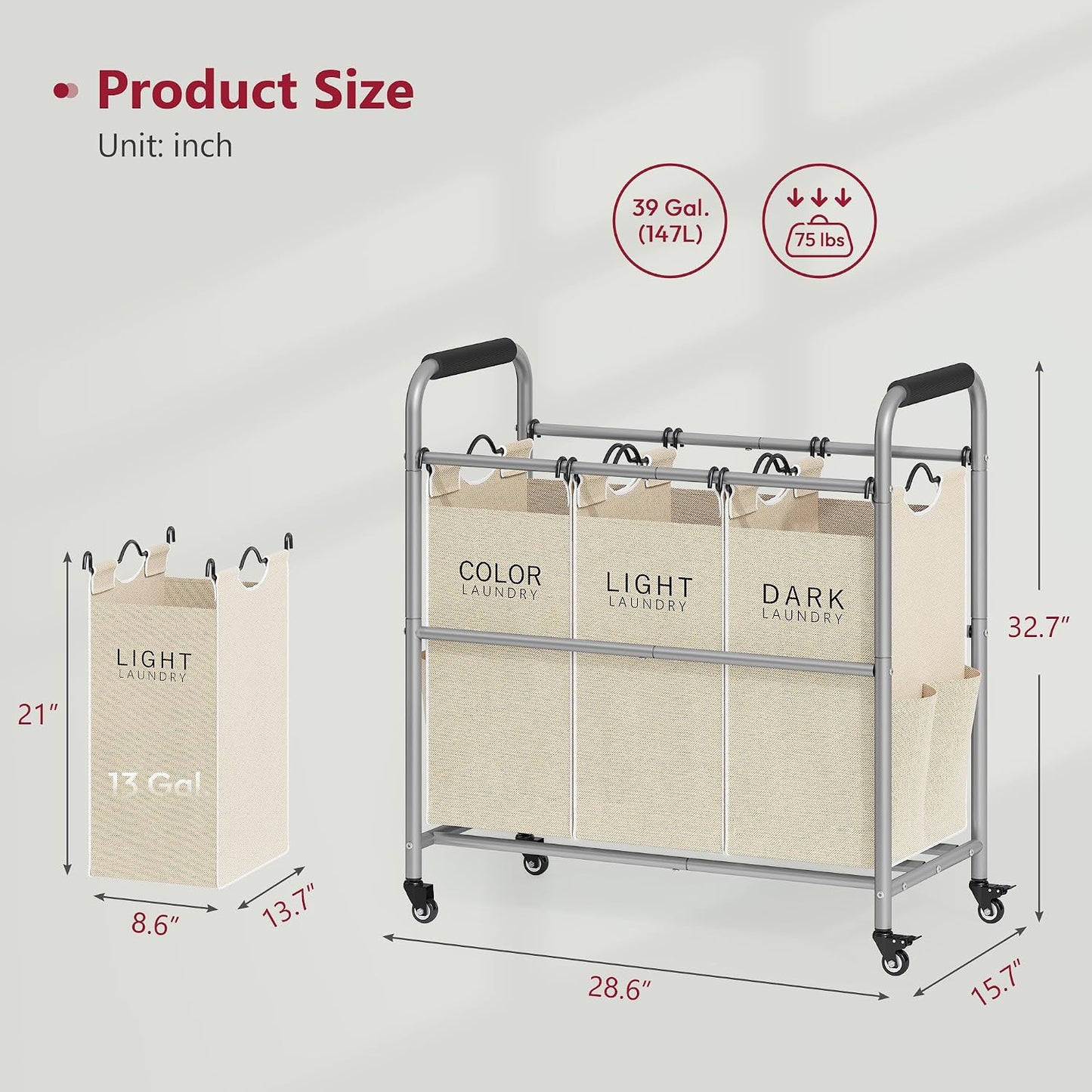 2 Bag Laundry Sorter Cart, Black & Grey | 50lbs Large Capacity, Removable Laundry Bags, Heavy Duty Lockable Rolling Wheels, Laundry Hamper Basket for Clothes Storage