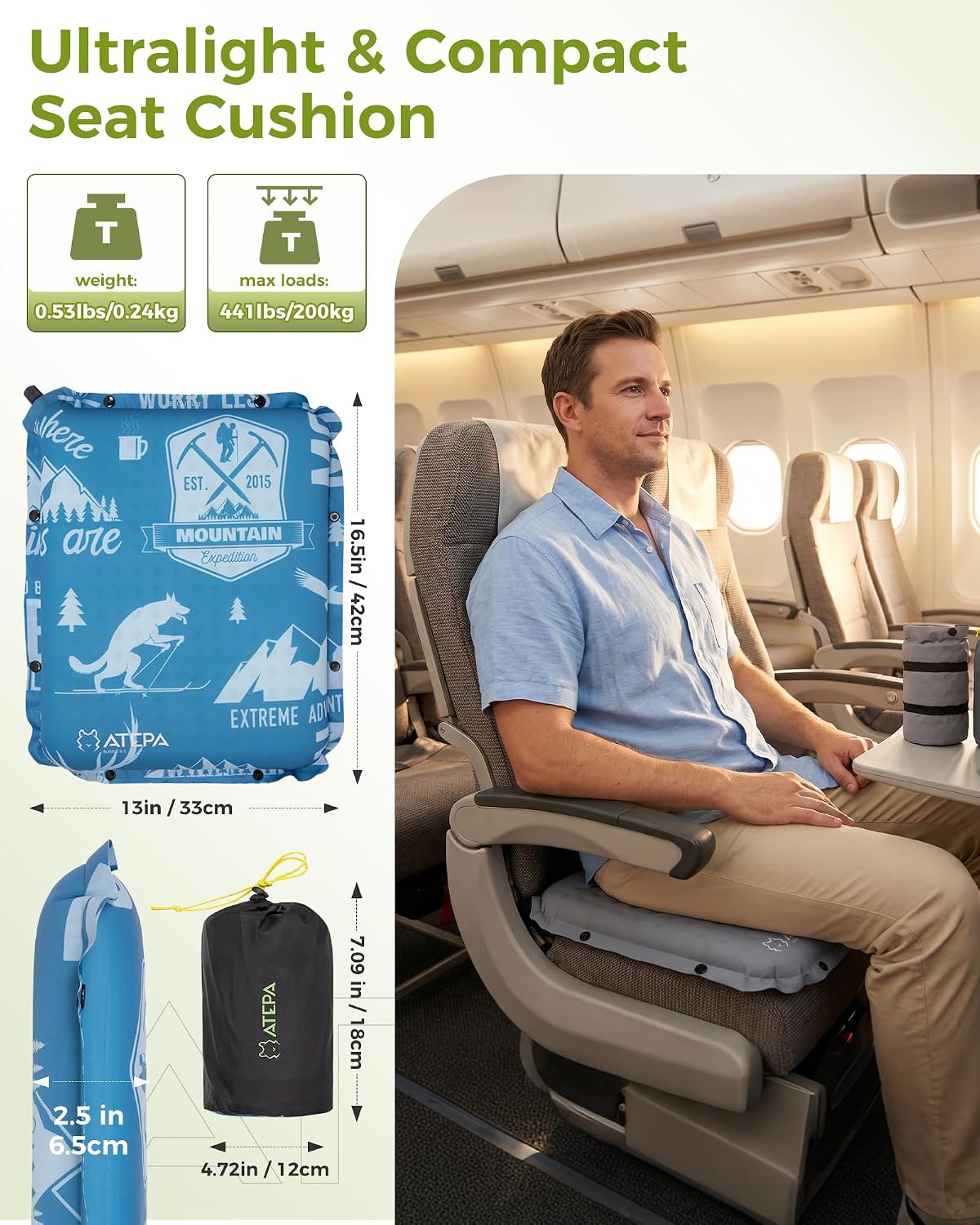 ATEPA Inflatable Seat Cushion | 2" & 2.5" foam core seat pad, Self inflating, Compact, Stadium, Airplane, Travel, Camping, Hiking, Sports events