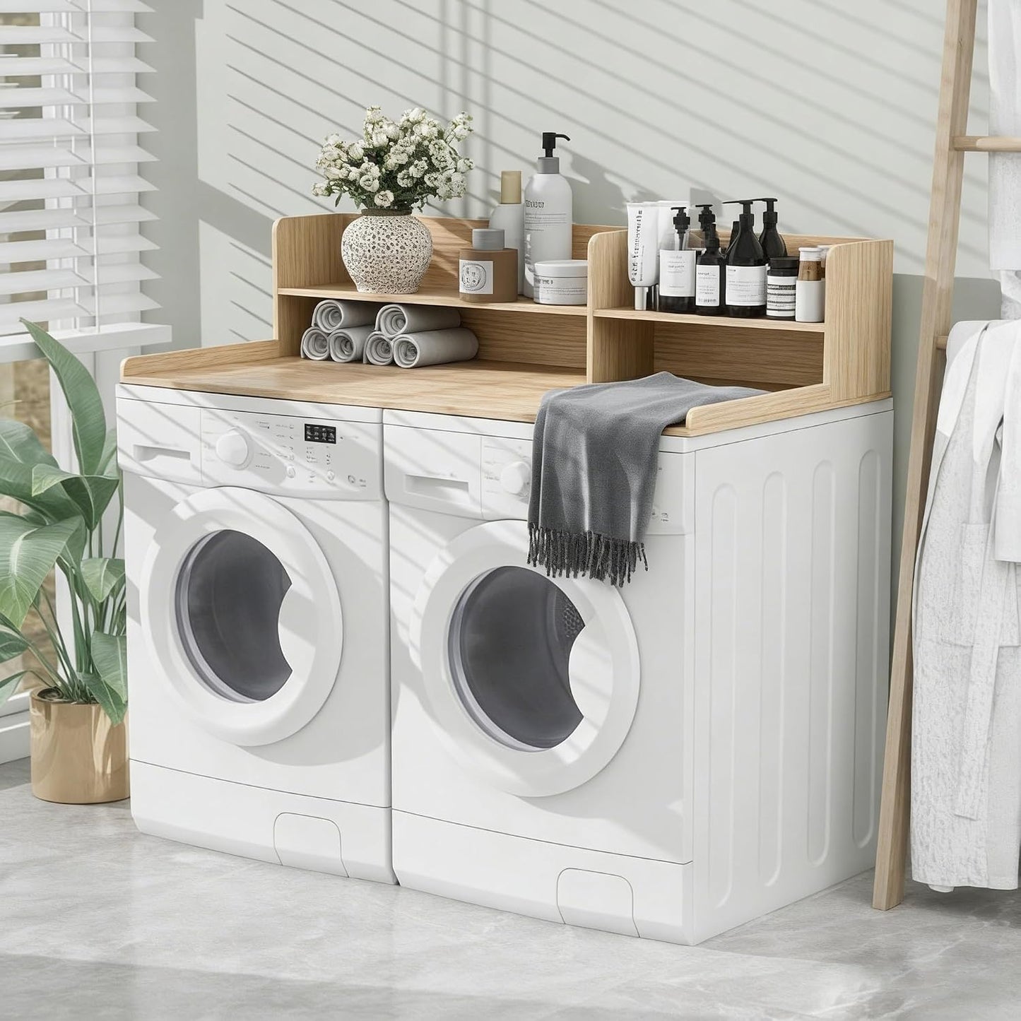 2 Tier Wooden Washer Dryer Topper, Large Laundry Countertop Cover, Walnut | Washer And Dryer Topper Non-Slip Pads,Over Washer And Dryer Shelves For Clothes Folding,Space Saving Laundry Room Organizer