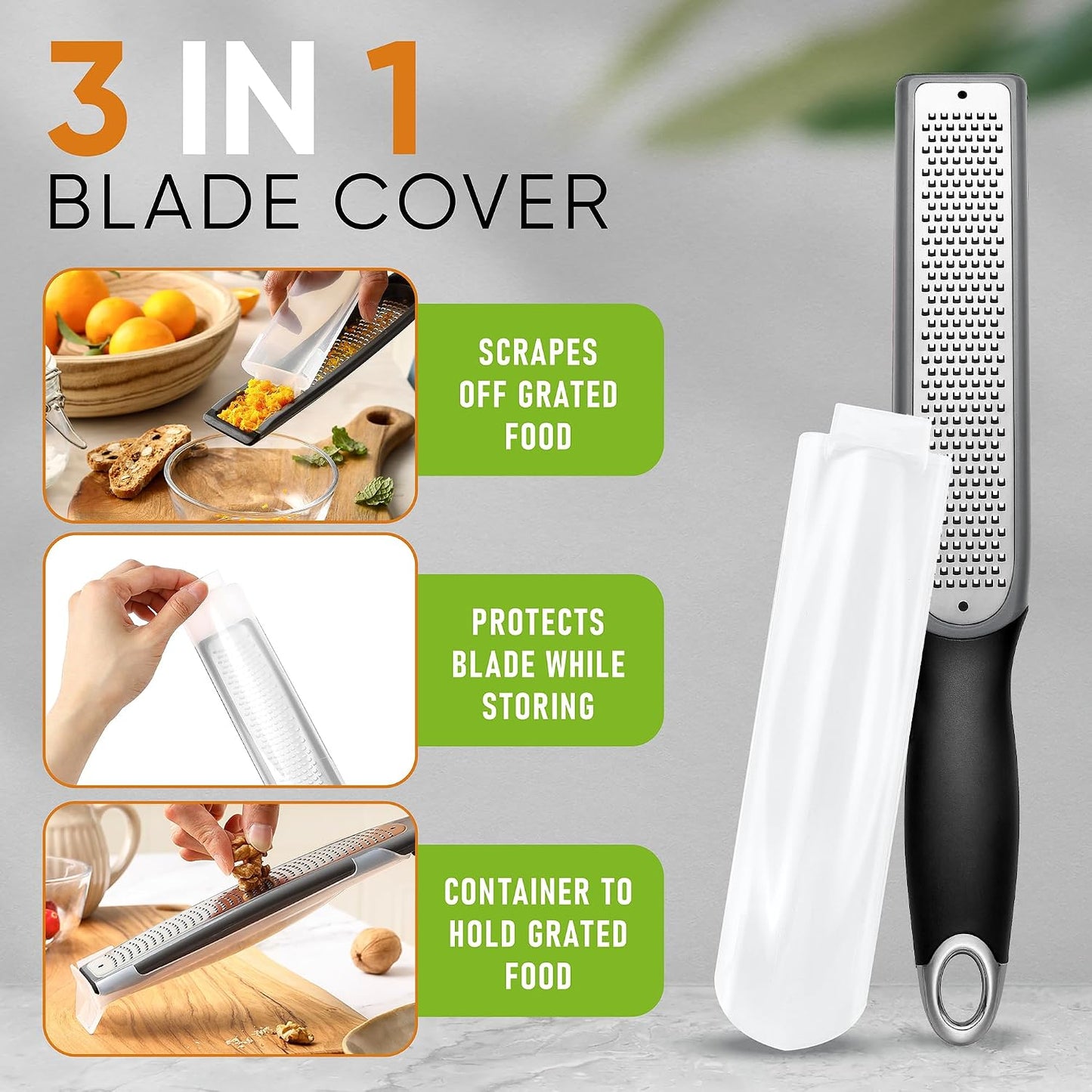 Spring Chef Stainless Steel Lemon Zester - Garlic & Ginger Grater - Gray | Premium Zester with Blade Cover, Cheese Grater with Handle for Parmesan, Nutmeg, Lime - Durable Citrus Zester, Fine Shred