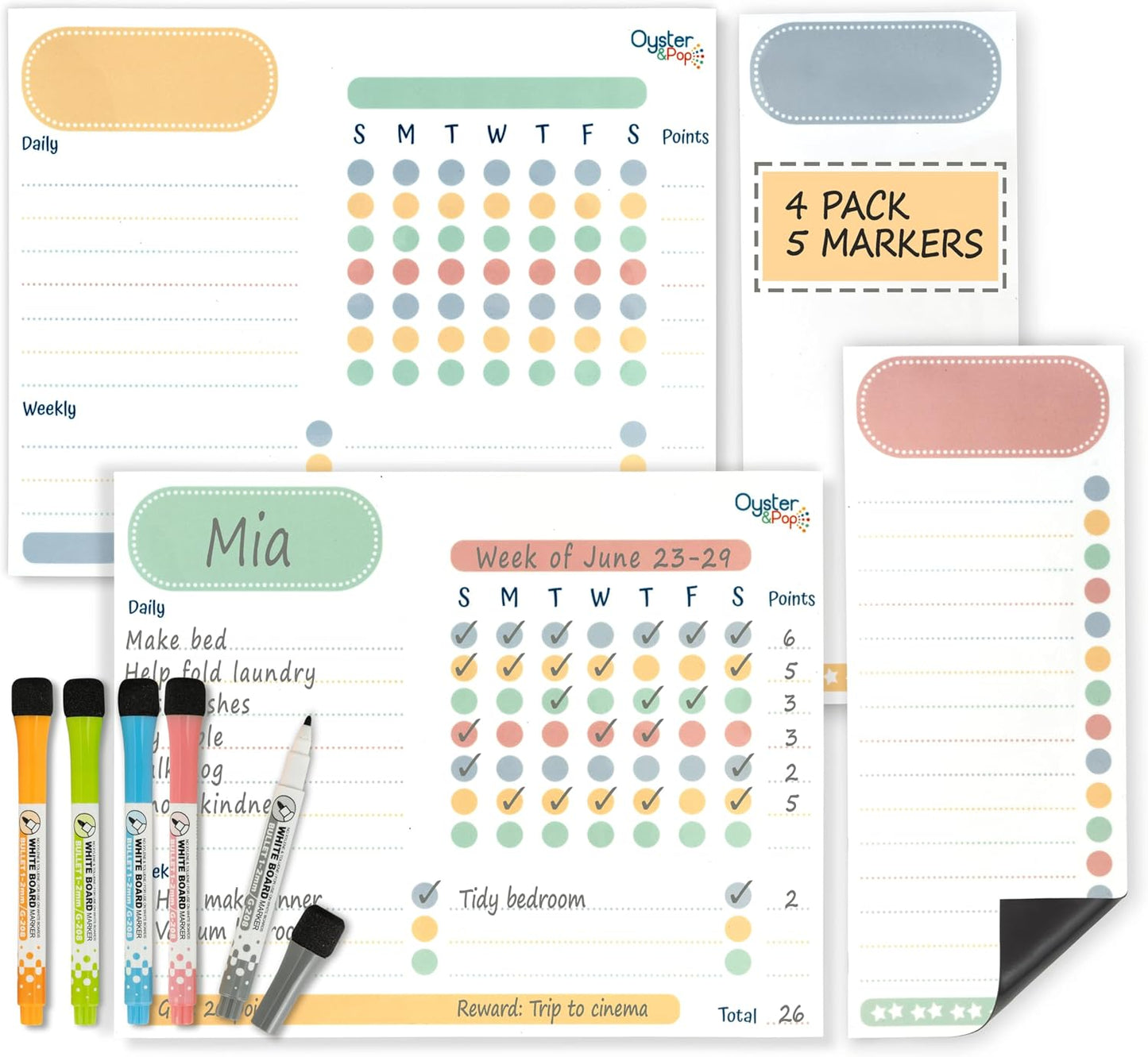 Oyster&Pop Black Chore Charts for Multiple Kids - 3 Pack Magnetic Dry Erase | Build responsibility, independence and routines - give kids and teens their own black magnetic board and weekly rewards