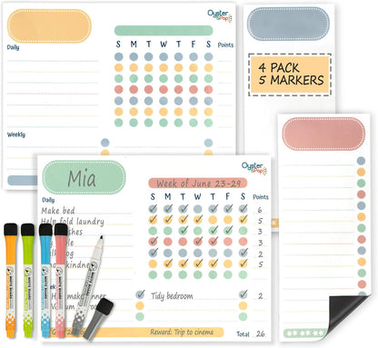 Oyster&Pop Black Chore Charts for Multiple Kids - 3 Pack Magnetic Dry Erase | Build responsibility, independence and routines - give kids and teens their own black magnetic board and weekly rewards