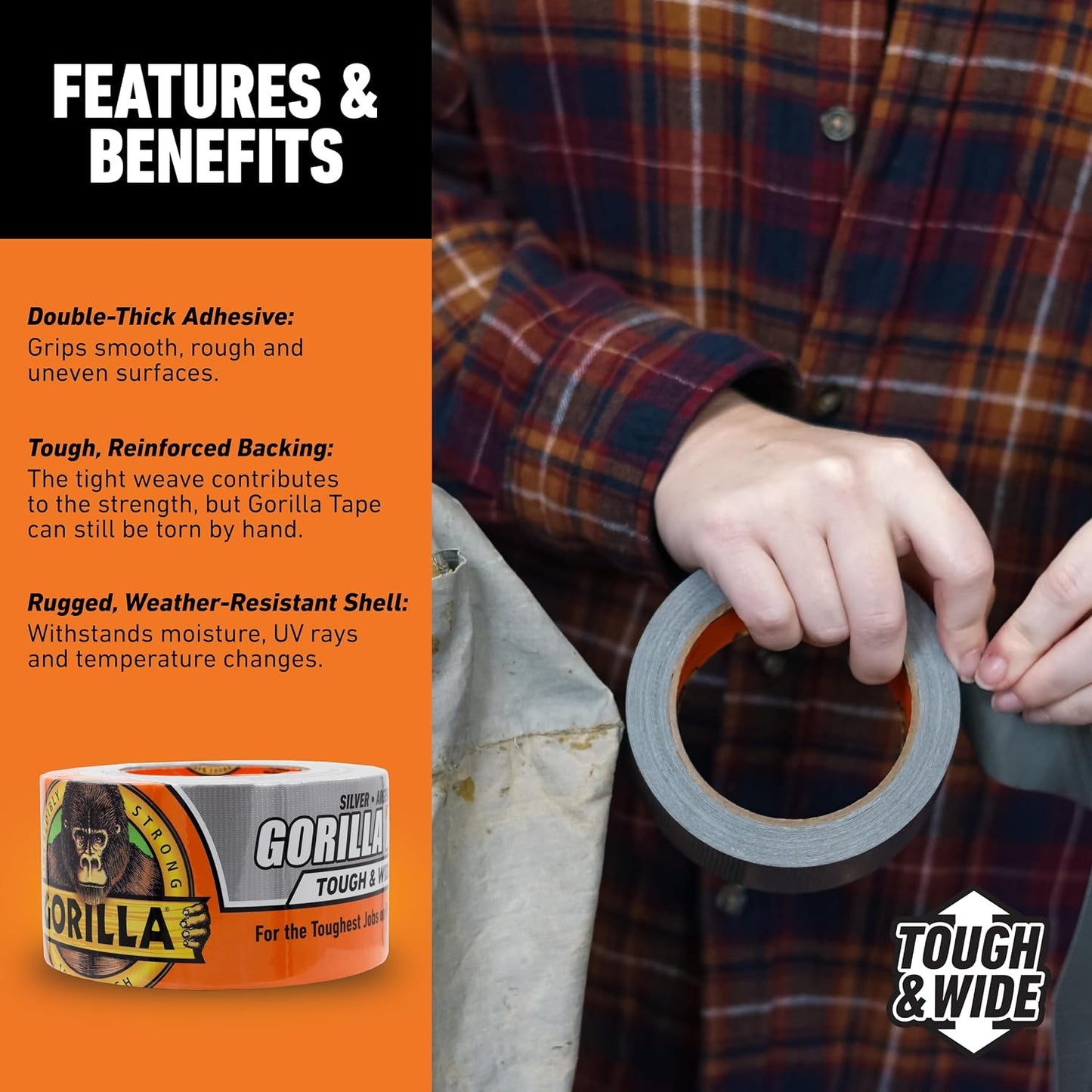 GORILLA Tape Tough & Wide, White, 2.88" x 25 yd | Double-Thick Adhesive, Grips Rough Surfaces, Heavy Duty, Weather Resistant for Indoor or Outdoor Use