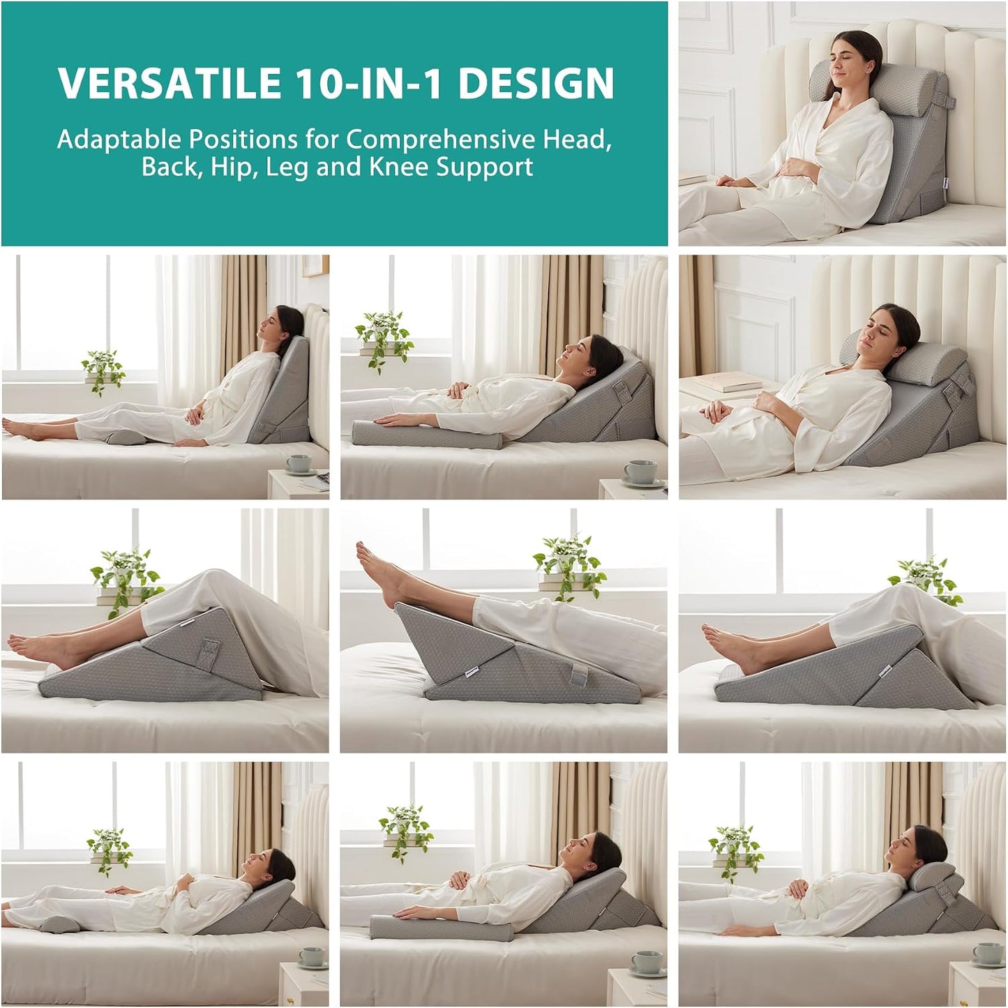 Bedluxe Wedge Pillow Headboard, 3PCS Orthopedic Bed Wedge Pillows Set for After Surgery, Adjustable Pillow Wedge for Acid Reflux&Back Pain Relief, Sleeping, Back Pillow for Bed Sitting Up, White/Grey