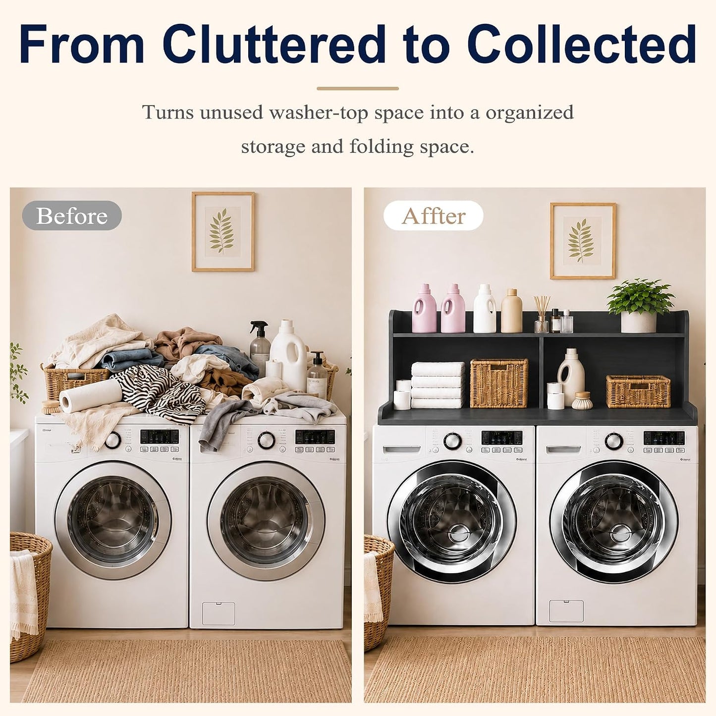 Royxen Washer Dryer Countertop with Extra Tall Shelf, 19" Height Washer and Dryer Topper, Laundry Countertop with Non-Slip Pads, Universal Fit for Laundry Room Organization, Walnut