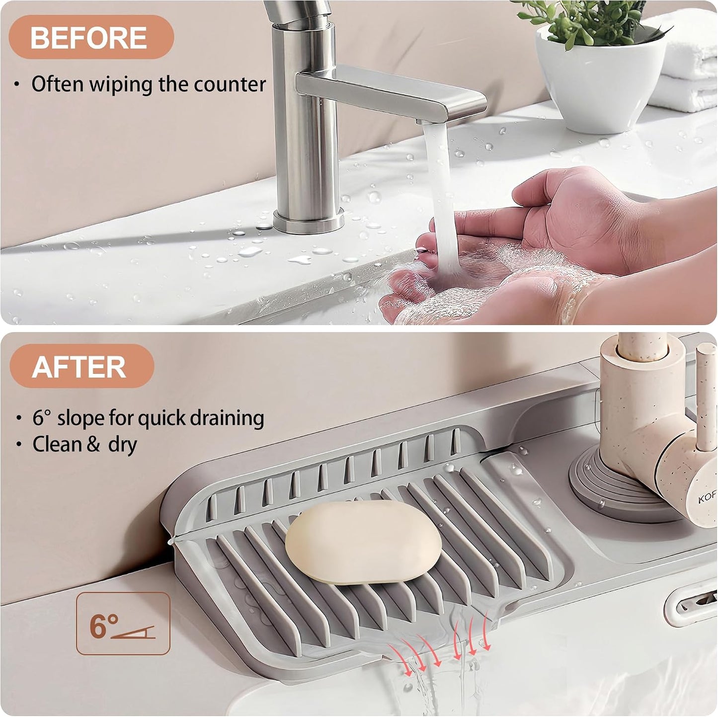 18 inch Silicone Faucet Mat for Kitchen Sink - 6° Slope & Fasten Button Design, Quick-Dry Splash Guard Water Catcher Behind Faucet, RV/Bathroom Safe (Gray)