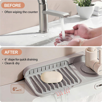 18 inch Silicone Faucet Mat for Kitchen Sink - 6° Slope & Fasten Button Design, Quick-Dry Splash Guard Water Catcher Behind Faucet, RV/Bathroom Safe (Gray)