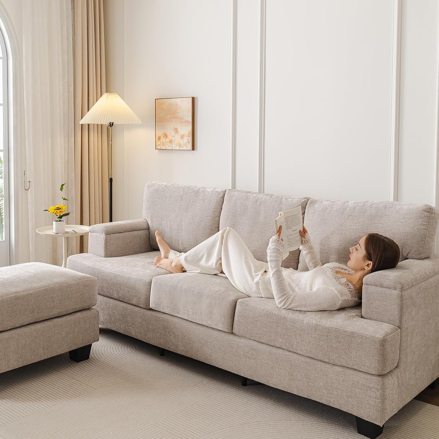 85'' L Shaped Couch with Armrest Organizer,Sectional,Movable Ottoman,Khaki | Comfy Sectional Sofa with Thick Cushion,3 Seats Sofas,Sectional Couches for Living Room,Bedroom,Apartment,Chenille