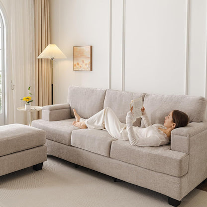 85'' L Shaped Couch with Armrest Organizer,Sectional,Movable Ottoman,Khaki | Comfy Sectional Sofa with Thick Cushion,3 Seats Sofas,Sectional Couches for Living Room,Bedroom,Apartment,Chenille