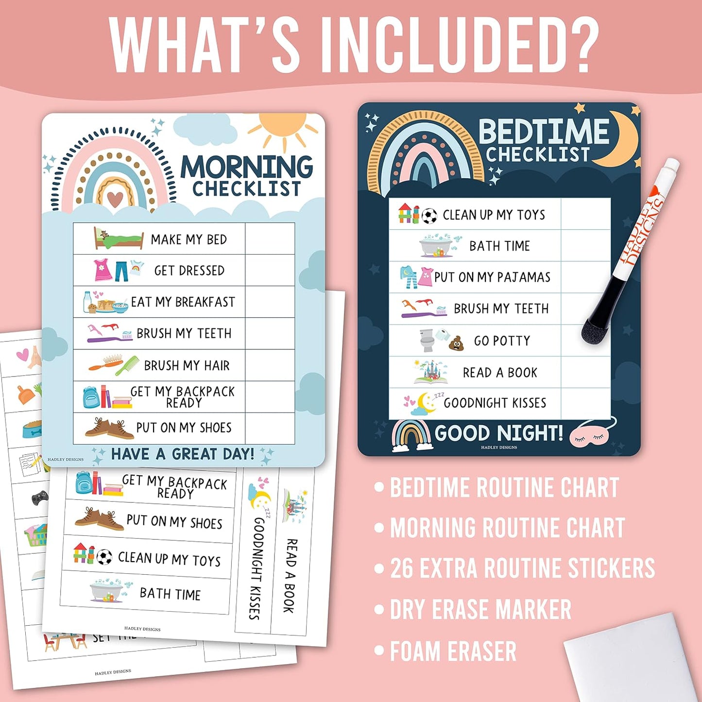 Magnetic Morning & Bedtime Routine Chart for Kids - Customizable Toddler Daily Schedule Board with Dry Erase Surface, Stickers & Marker, Build Habits with Visual Checklists, Boho Theme