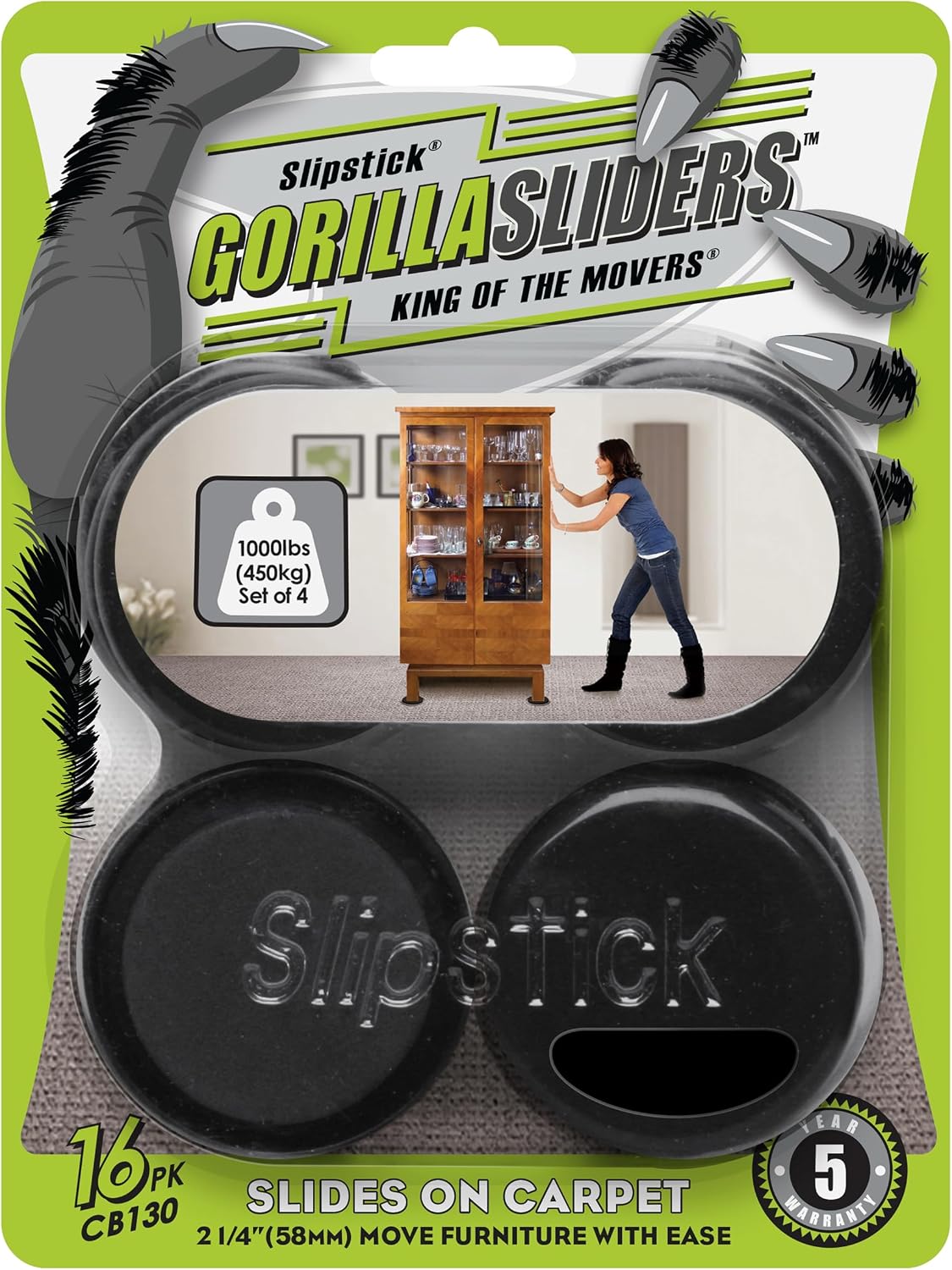 Slipstick GorillaSliders Premium Furniture Sliders for All Floor Surfaces (16 Piece Moving Kit) Reusable 3.5” Round Furniture Movers for Sliding Furniture on Hardwood & Carpet, Black, CB13-1-16
