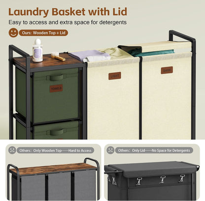 Hoctieon 4 Section Laundry Cart, 52.8 Gal. (200L) Laundry Hamper with Lid, Laundry Basket with Wheels, Rolling Laundry Sorter Organizer with Shelf, Clothes Separator with Removable Bags, Black