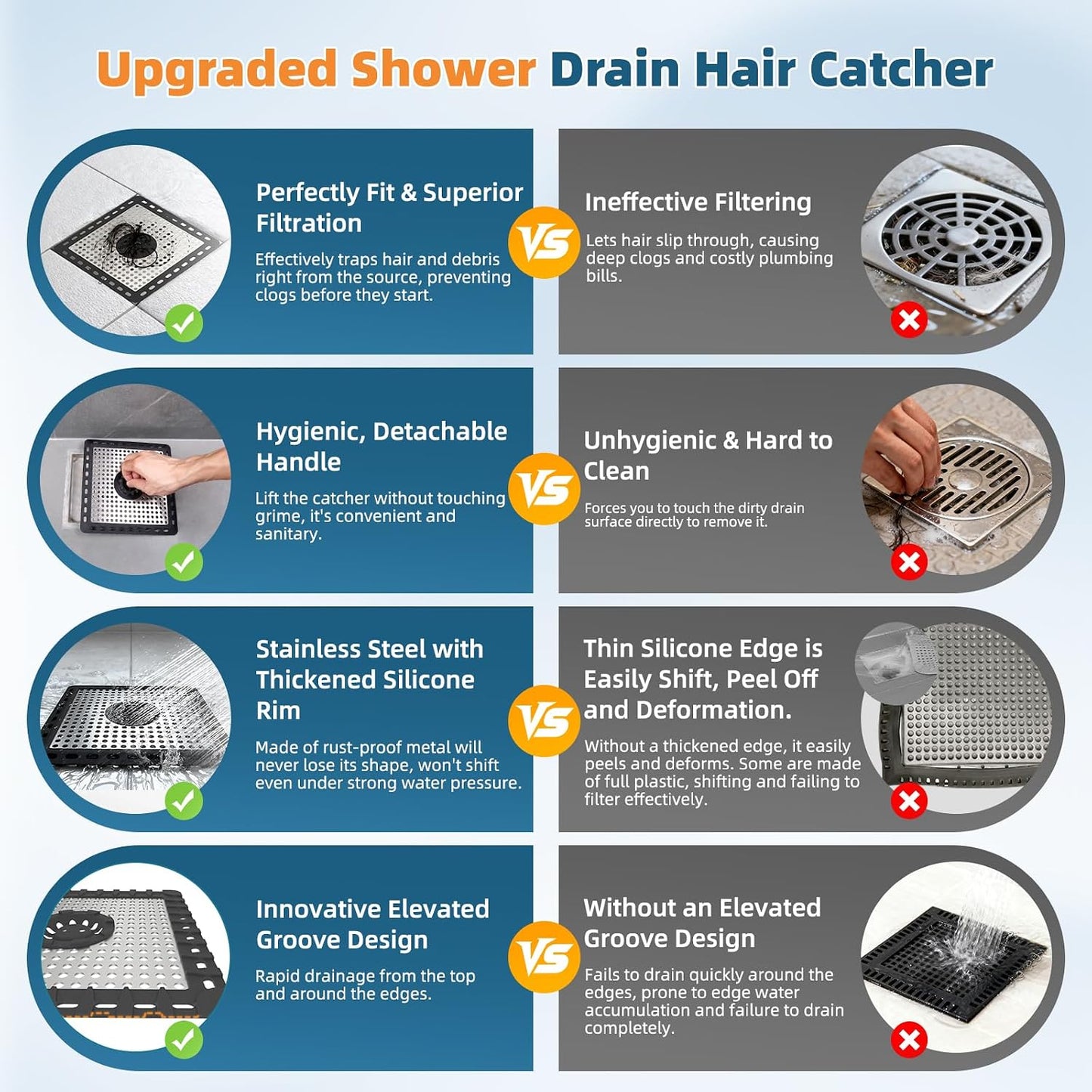 Hibbent Upgraded Shower Drain Hair Catcher for Bathroom Floor 4" Drain, Anti-Clogging Shower Drain Cover, Stainless Steel & Silicone Drain Strainer with Handle, Shower Drain Protector, Grey
