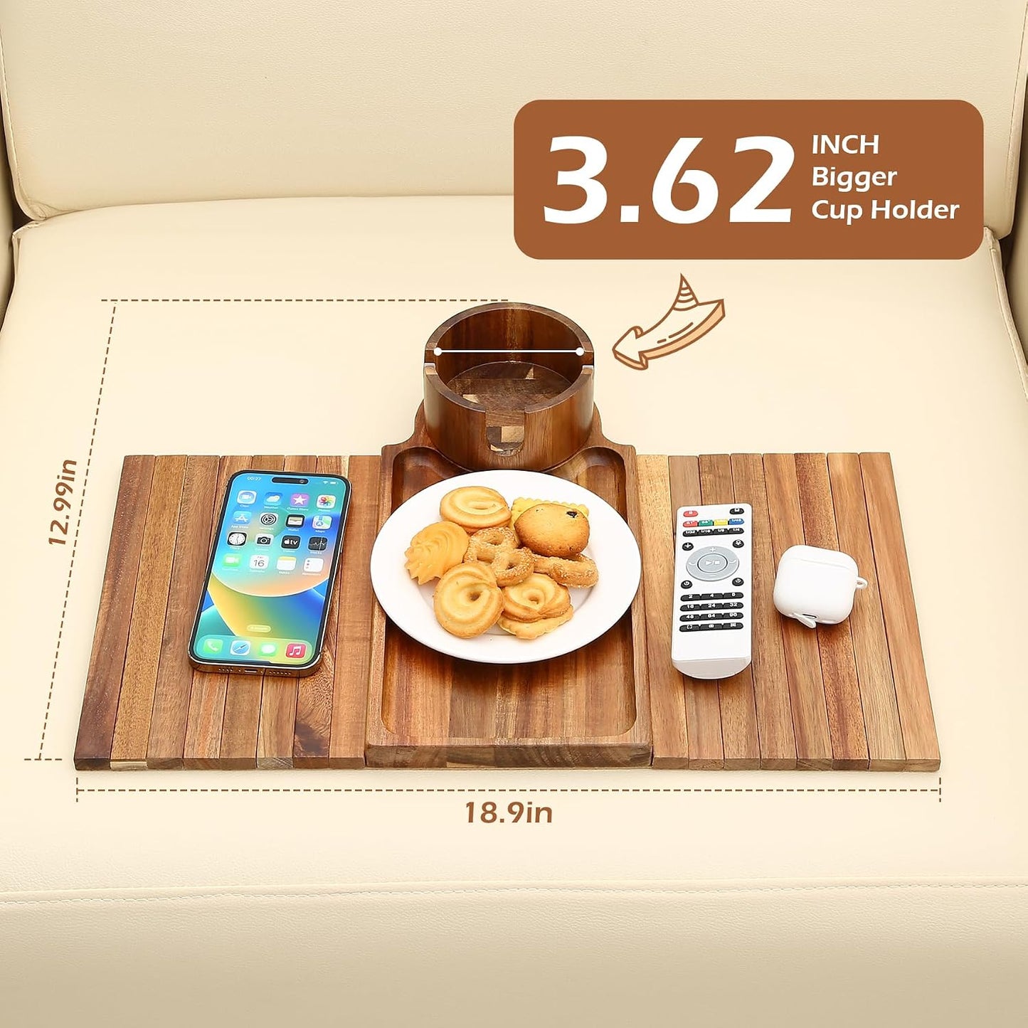GHKINMAL Couch Cup Holder Tray, 3 in 1 Couch Arm Trays,Large Bamboo Chair Arm Rest Tray with 360° Cup Holder,Removable Anti-Slip Organizer for Snack Eating